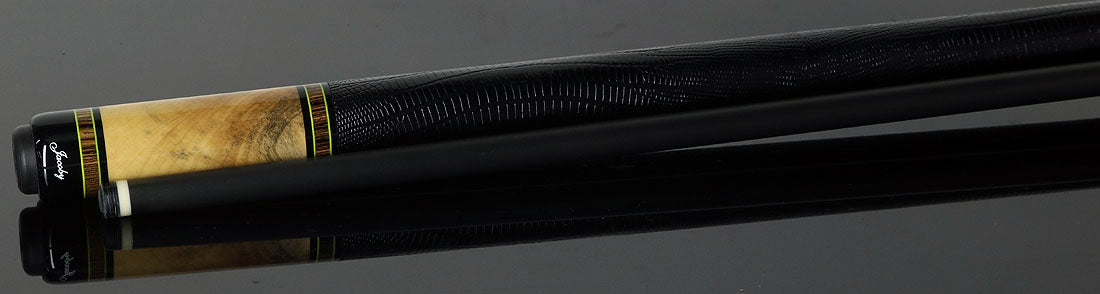 Jacoby Custom Bocote and Buckeye Burl Pool Cue with Black Lizard Wrap and Jacoby Black Carbon Shaft